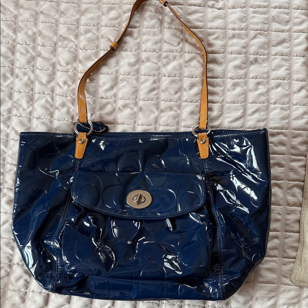Coach Navy Patent Tote with Tan Shoulder Straps